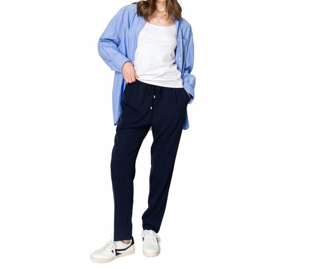 NEW SKYLAR ROSE beaded drawstring pinstripe elastic waist pants in navy